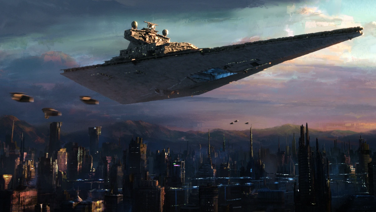 A beautiful shot of an Imperial Starcruiser brought to life via miniatures and background matte paintings in the Star Wars animated series MAUL – SHADOW LORD.