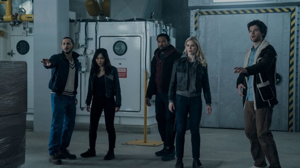 Tomer Capone (Frenchie), Karen Fukuhara (Kimiko), Karl Urban (Billy Butcher), Erin Moriarty (Annie January aka Starlight), Jack Quaid (Hughie Campbell) in 'The Boys' Season 5