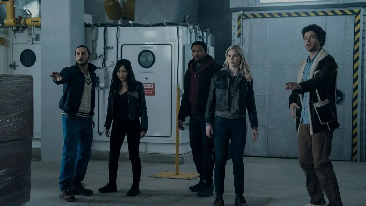 Tomer Capone (Frenchie), Karen Fukuhara (Kimiko), Karl Urban (Billy Butcher), Erin Moriarty (Annie January aka Starlight), Jack Quaid (Hughie Campbell) in 'The Boys' Season 5