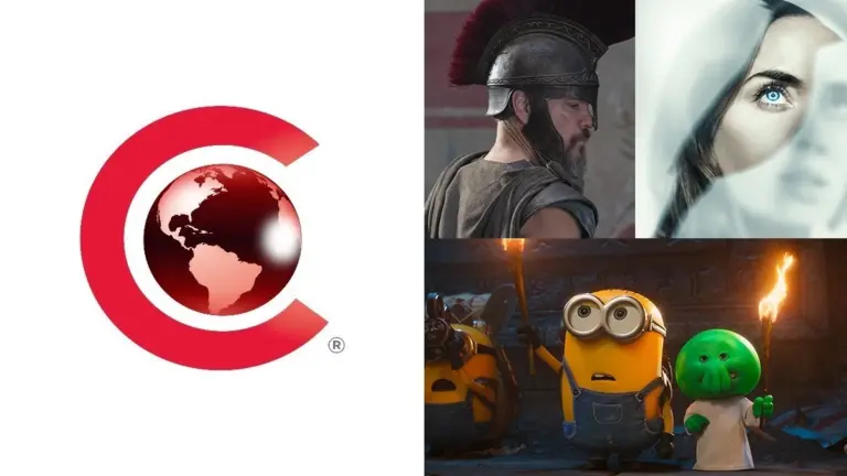 The official CinemaCon 2026 logo next to images from Christopher Nolan's THE ODYSSEY, Steven Spielberg's DISCLOSURE DAY, and MINIONS & MONSTERS for Universal Pictures studio presentation.