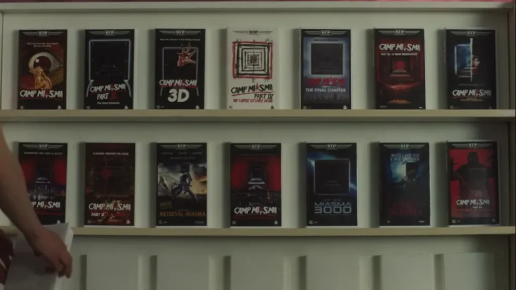 A large shelf of fourteen assorted vintage VHS covers of the different movies in the Camp Miasma slasher franchise.