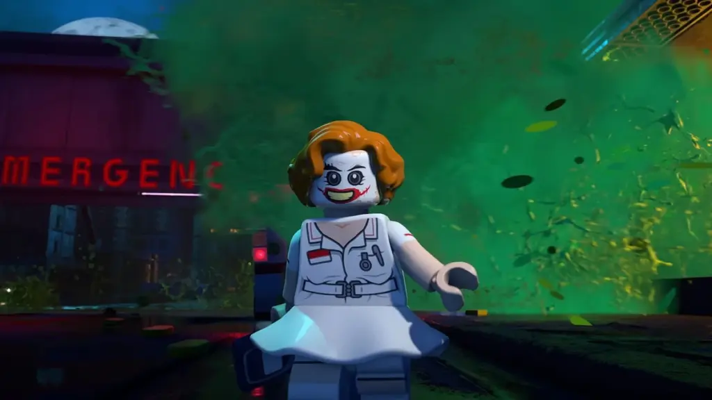 The iconic scene of the Joker walking away from an exploding hospital while hilariously dressed as a nurse with an orange wig is recreated in the new LEGO Batman game. 