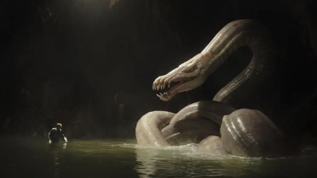 Pedro Pascal comes face to face with a giant white dragonsnake in an underground pit filled with water in THE MANDALORIAN AND GROGU. 