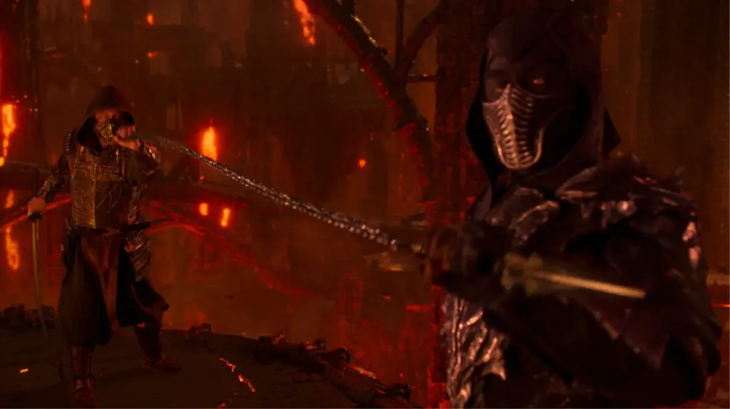 An epic shot of Noob Saibot catching Scorpion's blade chain with ease from their fight scene in the live-action sequel MORTAL KOMBAT II. 