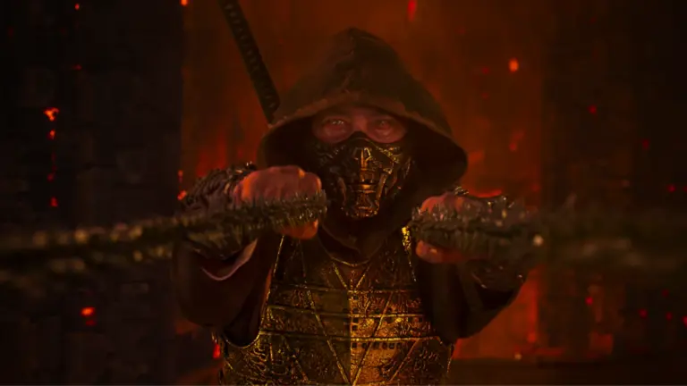 Hiroyuki Sanada returns as the fan-favorite Scorpion in MORTAL KOMBAT II as he throws both of his chain blades towards the camera.