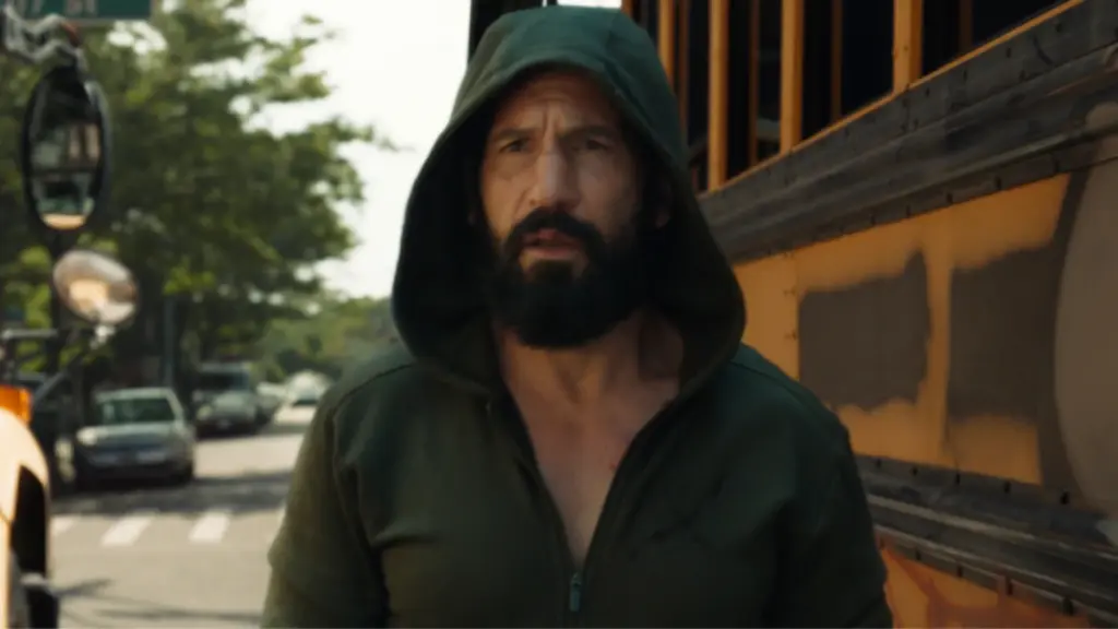 Frank Castle stands in front of a yellow school bus in a hoodie while trying to hide from criminals in the Marvel Television Special THE PUNISHER: ONE LAST KILL. 