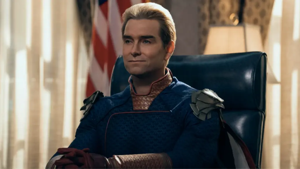 Homelander played by Antony Starr sits in the President's chair in the White House oval office in the final episode of THE BOYS.
