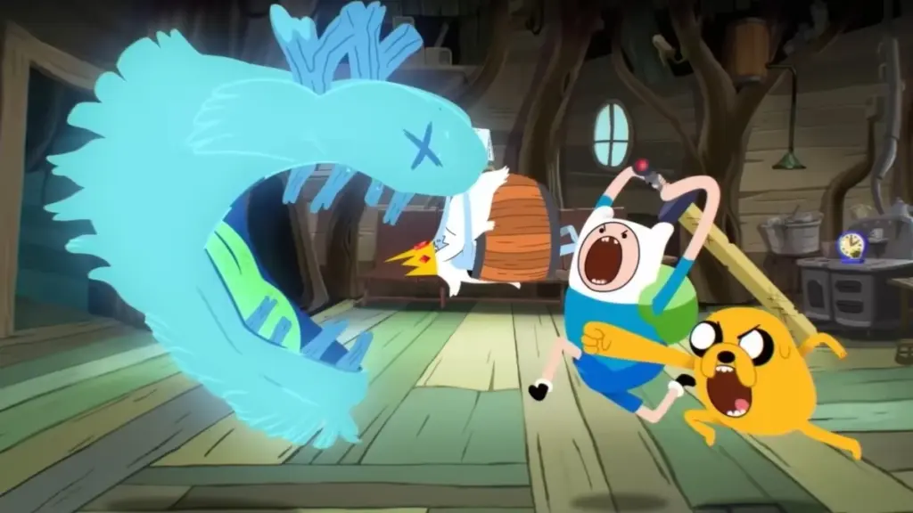 Finn the Human and Jake the Dog charge towards a large floating monster head that glows with blue ghostly energy for a battle in ADVENTURE TIME: SIDE QUESTS. 