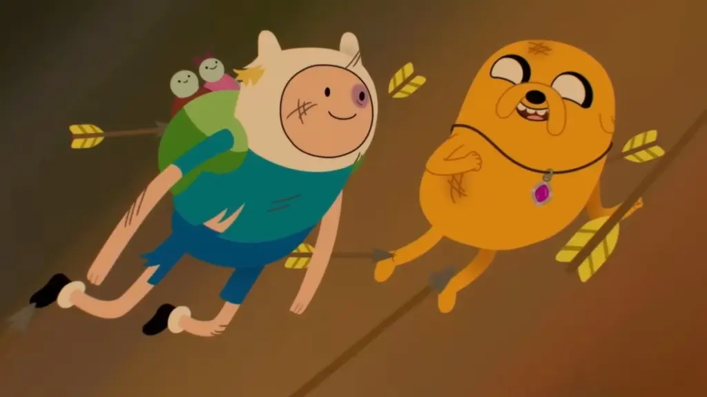 Finn the Human and Jake the Dog smile at each other as they escape from a bunch of flying arrows in ADVENTURE TIME: SIDE QUESTS. 
