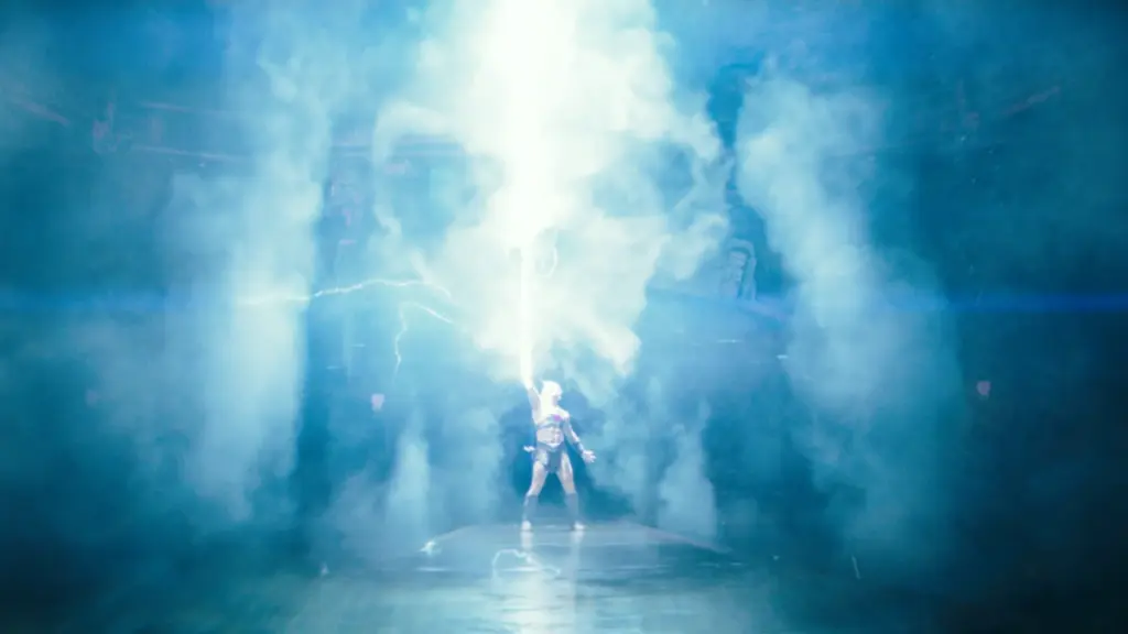 Prince Adam transforms into He-Man for the first time as he is struck by lightning and a magical smoke cloud resembling Castle Grayskull forms around him in the live-action MASTERS OF THE UNIVERSE movie. 