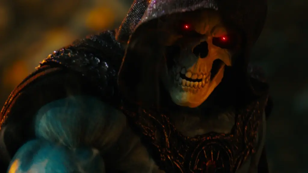 A close-up shot of Skeletor's ghoulish skull face in the 2026 live-action MASTERS OF THE UNIVERSE film. 
