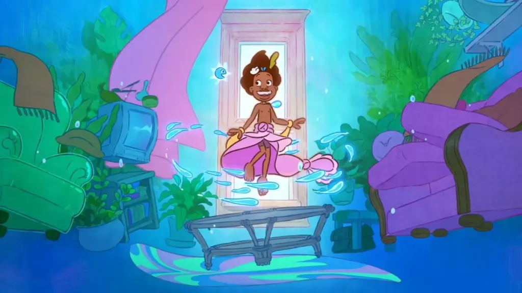 Young Dominican boy Julián pretends to be a mermaid swimming in his grandmother's living room submerged underwater in the beautiful 2D-animated film from Cartoon Saloon. 