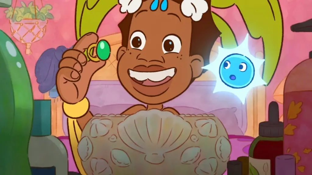 Young boy Julián goes through his grandma's jewelry while making a mermaid costume for himself in the new 2D animated film. 