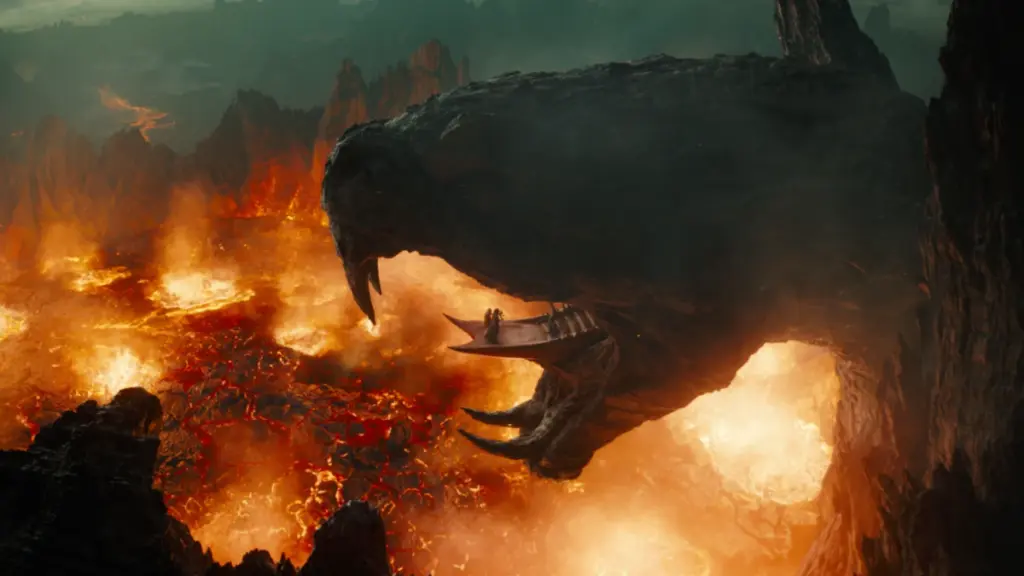 Snake Mountain surrounded by lava as seen in the 2026 live-action Masters of the Universe film. 