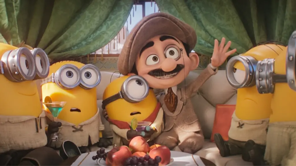 Film director Max, voiced by Christoph Waltz, has a movie pitch meeting with the small and yellow Minions in Hollywood as seen in MINIONS & MONSTERS.