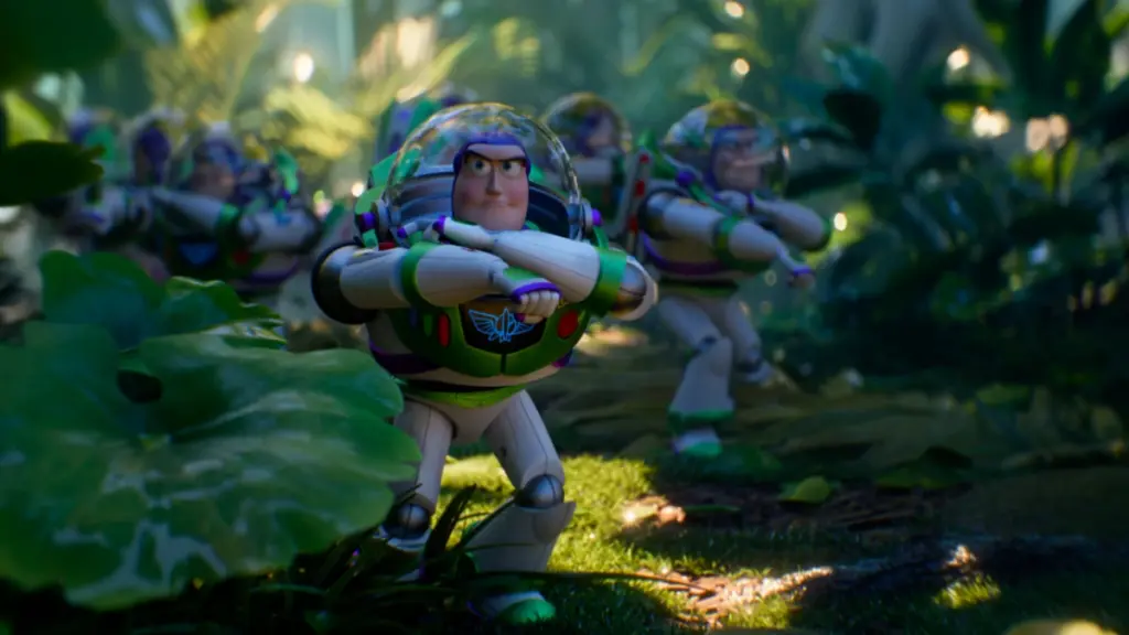 An army of 50 high-tech Buzz Lightyear toys cautiously move across a dense jungle in the Pixar sequel TOY STORY 5. 