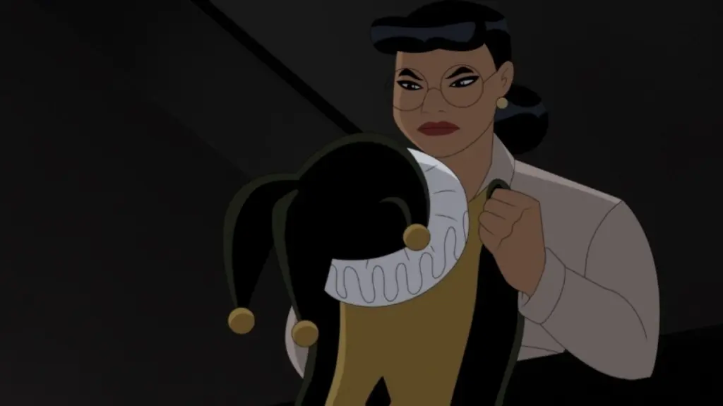 The villainous Harley Quinn puts on her unique green and yellow jester costume in BATMAN: CAPED CRUSADER Season 2 on Prime Video. 