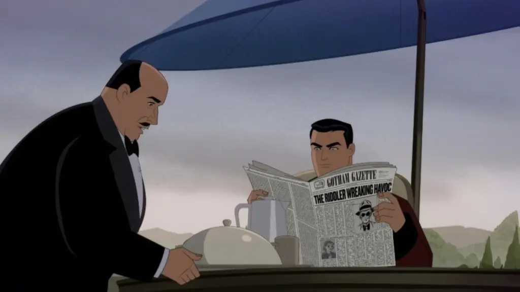 Bruce Wayne reads the morning newspaper while his loyal butler Alfred serves him breakfast in BATMAN: CAPED CRUSADER Season 2.