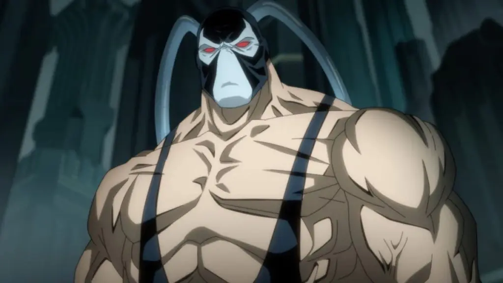 The muscular villain Bane shows off his iconic white and black luchador mask in the DC animated movie BATMAN: KNIGHTFALL PART 1.