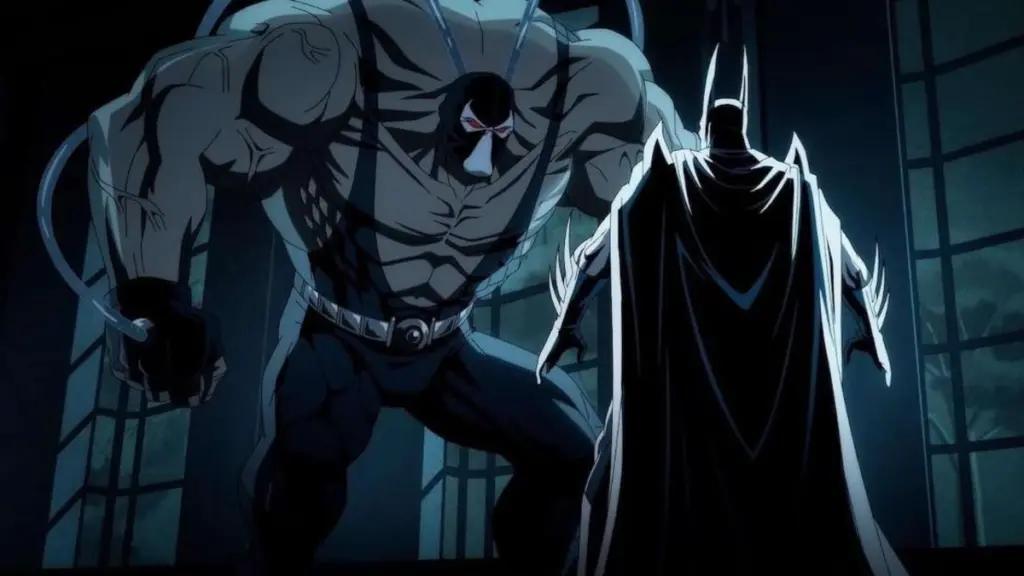 Bane and Batman fight each other for the first time in the BATMAN: KNIGHTFALL animated movie. 
