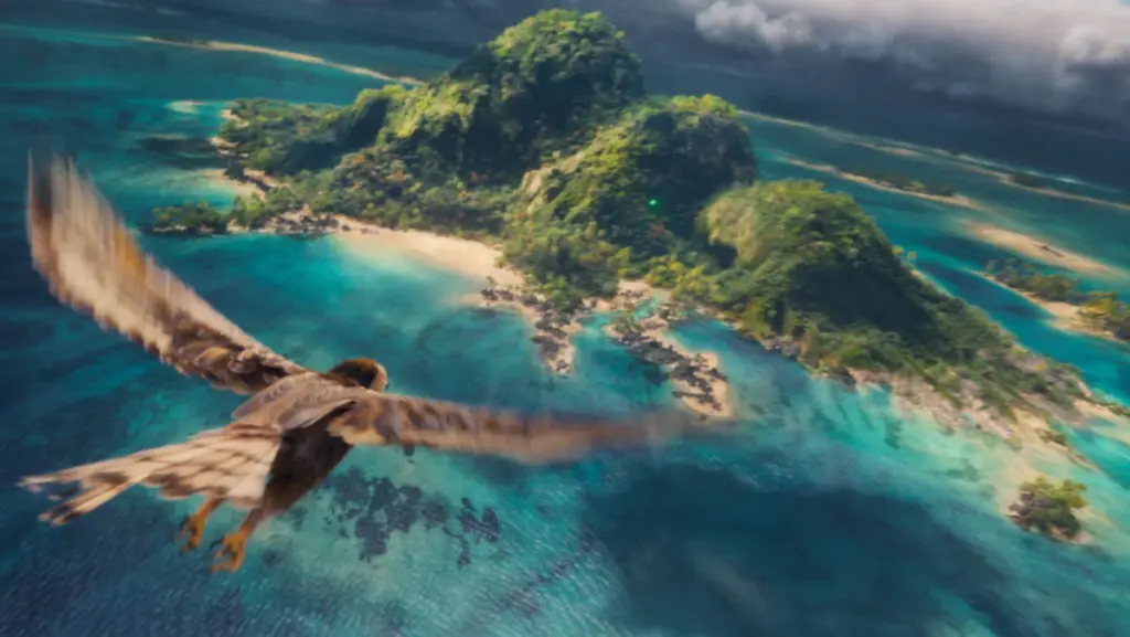 The demigod Maui takes the form of a Hawk as he flies toward the island goddess Te Fiti in the live-action remake of MOANA.