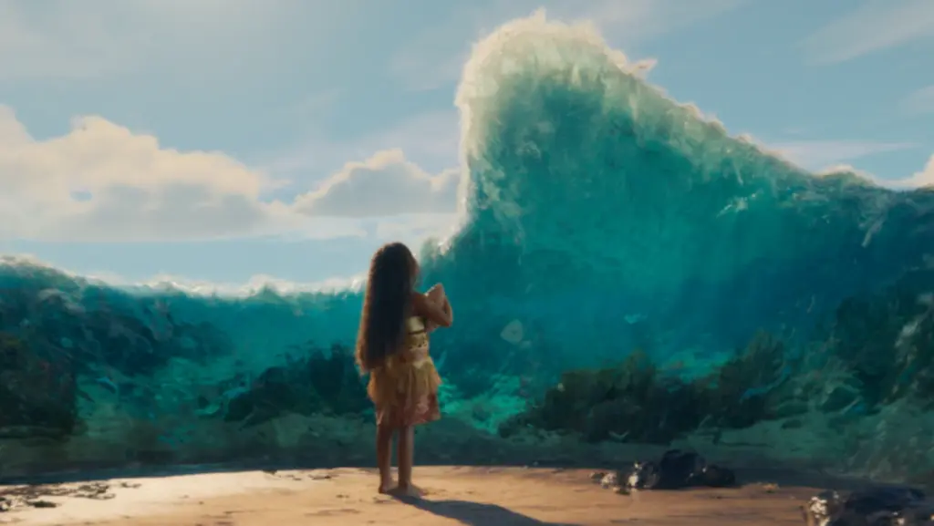 Emma Puahi-Shapazian stars as young Moana interacting with the magical ocean for the first time in the 2026 live-action remake.