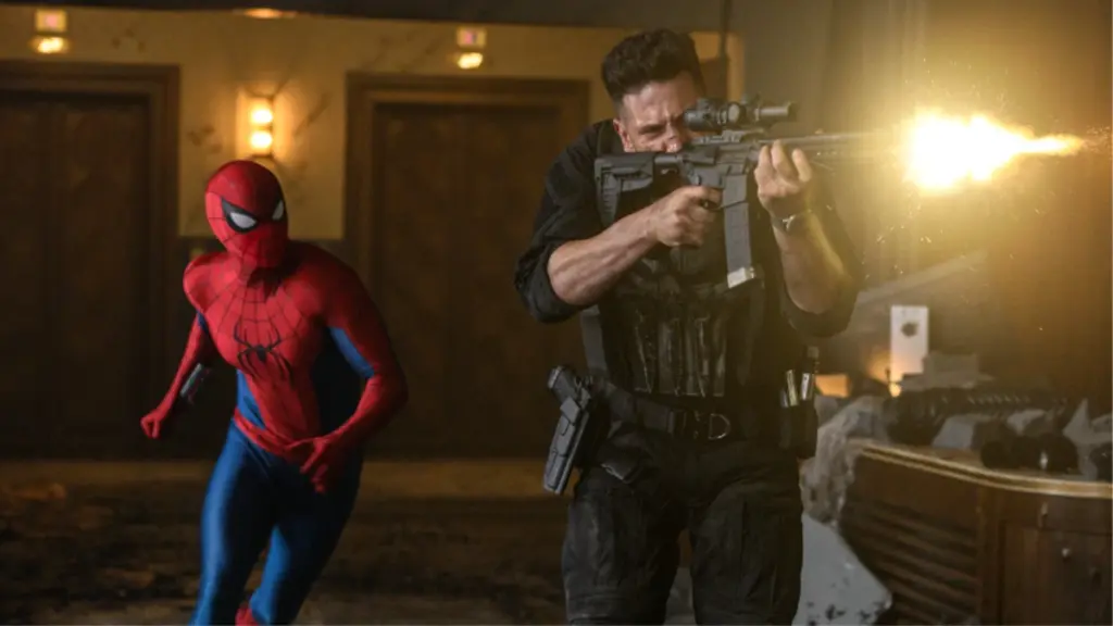 Spider-Man runs into action next to Jon Bernthal's The Punisher shooting off his assault rifle in the Marvel blockbuster SPIDER-MAN: BRAND NEW DAY. 