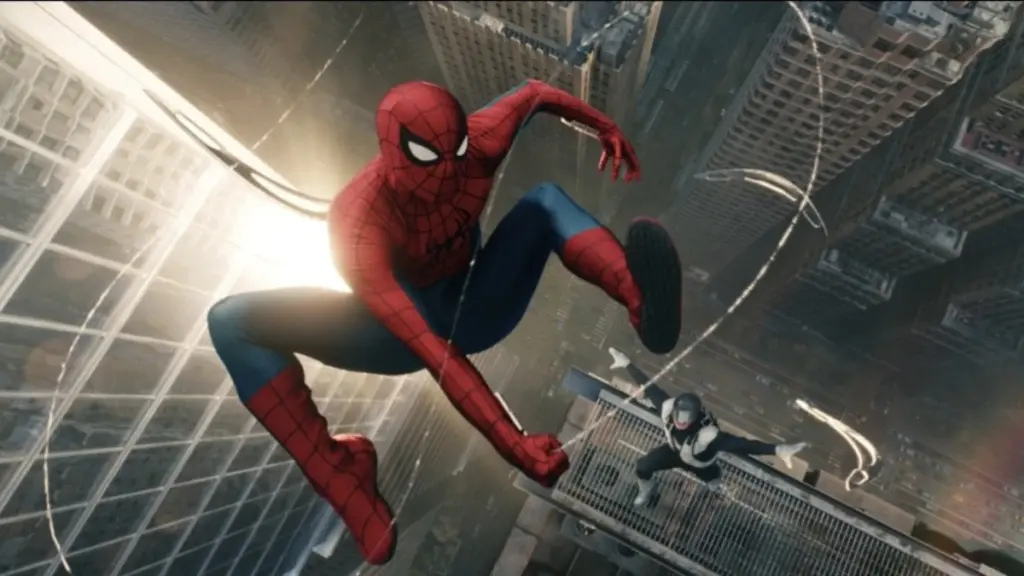 Spider-Man strikes a cool pose as he swings over the Marvel villain Boomerang during a fight montage in the movie SPIDER-MAN: BRAND NEW DAY.