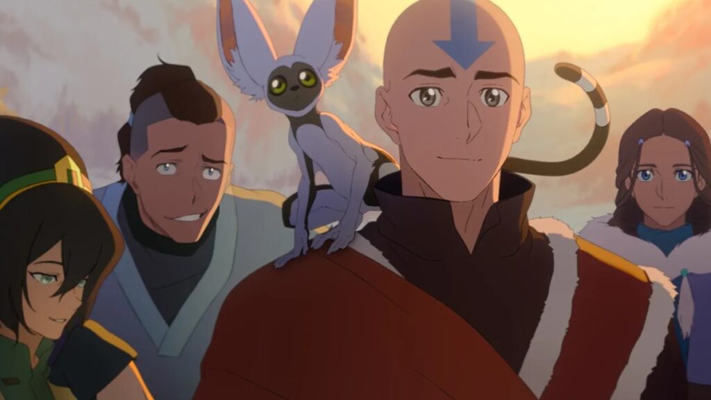 Toph, Sokka, Momo, Aang, and Katara in Avatar Aang: The Last Airbender