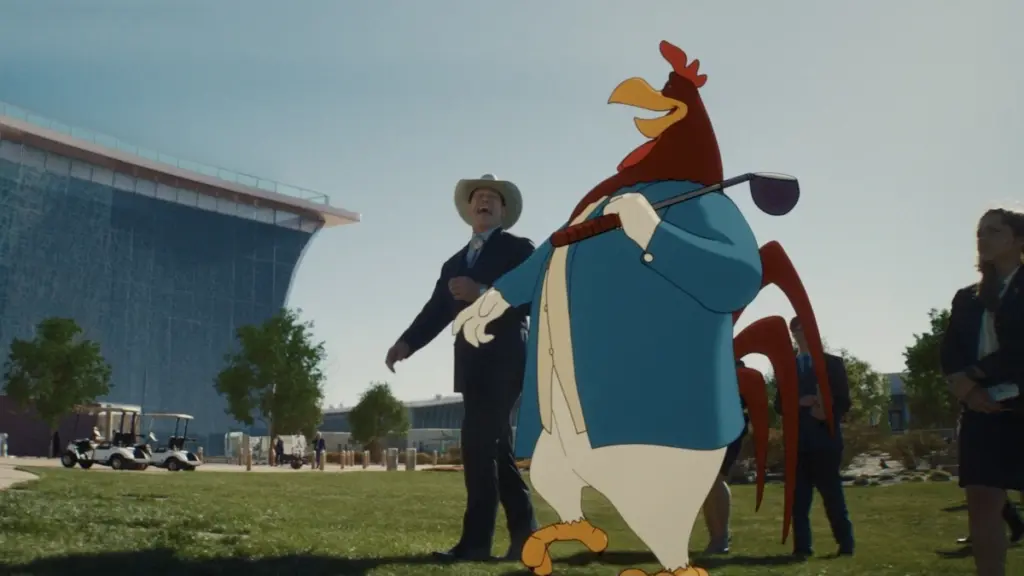 John Cena stars as the Acme lawyer Buddy Crane sharing a chummy laugh with Foghorn Leghorn in the live-action/animated Looney Tunes comedy COYOTE VS. ACME. 