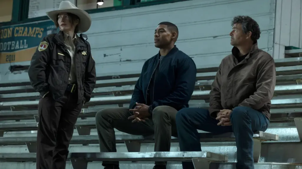 Kelly Macdonald stars as Sheriff Kerry of Rushville, Nebraska questioning Green Lanterns John Stewart and Hal Jordan in the HBO original series LANTERNS.